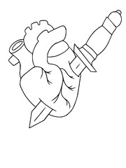 Intricate anatomical heart pierced by dagger, black and white line art tattoo design symbol