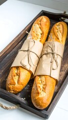 Two loaves of crusty bread on a tray