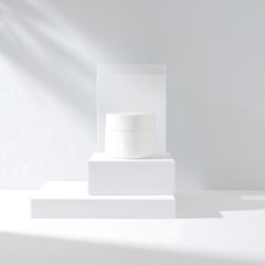 Cream jar on white podiums, sunlit