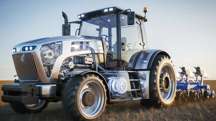 Advanced agricultural engineering is displayed as a futuristic tractor with a transparent body reveals its glowing internal components