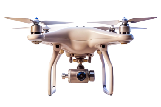 White quadcopter drone with camera isolated for aerial photography and videography transparent background