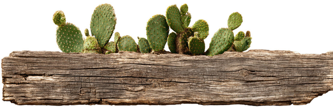 Desert-themed display with cacti on a weathered log