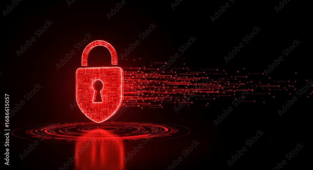 Poster red glowing padlock standing on a digital circuit with data streams. cyber security concept for data