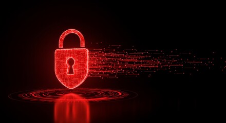 Red glowing padlock standing on a digital circuit with data streams. Cyber security concept for data protection.