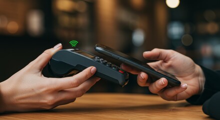 Woman making a contactless payment with smartphone at point of sale terminal. Modern financial transaction technology concept.