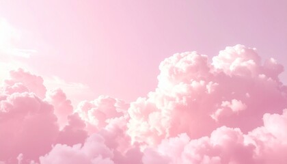 Fluffy pink clouds fill the sky with a soft, dreamy glow, creating a whimsical and peaceful scene that feels like a pastel fantasy world floating gently above the earth in serene calmness.