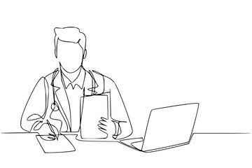 Confident doctor diligently working with laptop and patient records, showcasing modern healthcare efficiency and care