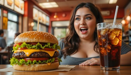 Curvy woman smiling at a massive cheeseburger and soda in a restaurant