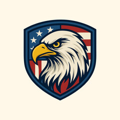 American Bald Eagle Shield Logo Design Illustration with US Flag Background – Symbol of Strength, Patriotism, and Protection