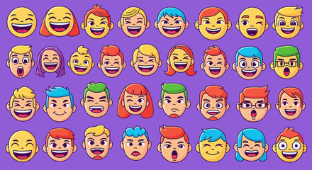 Vector Emoji Faces Collection of Smiling Frowning and Surprised Expressions in Modern Flat Style on Purple Background