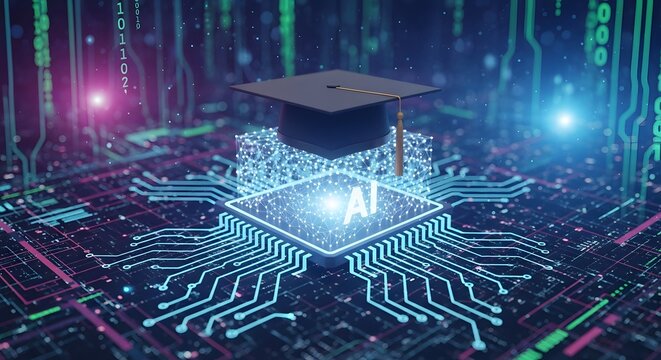 AI Artificial Intelligence Education with Graduation Cap on Digital Circuit Technology Showing AI Learning, AI Innovation and Future Computer Science Concept