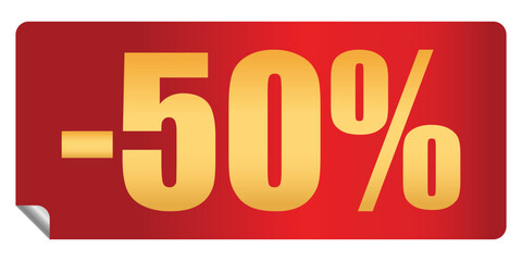 Red discount sticker 50 percent off price reduction isolated on white background. Design element, emblem, badge, sticker for promotion. Buy now