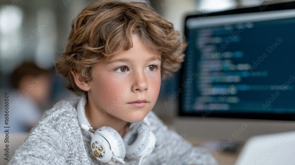 Poster young coder engaged in online programming activity at home during daytime learning session