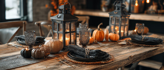 Halloween and Autumn Table Setting with Pumpkins and Lanterns