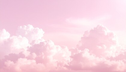 Fluffy pink clouds fill the sky with a soft, dreamy glow, creating a whimsical and peaceful scene that feels like a pastel fantasy world floating gently above the earth in serene calmness.
