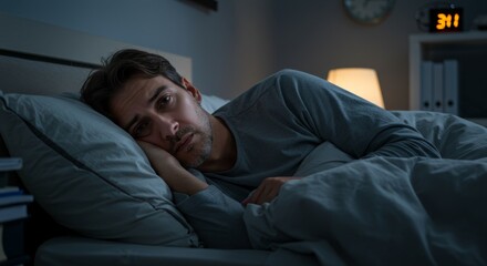 Fototapeta premium Man on bed suffering from insomnia. Stressed male trying to sleep at night. Sleep problem, mental health concept.