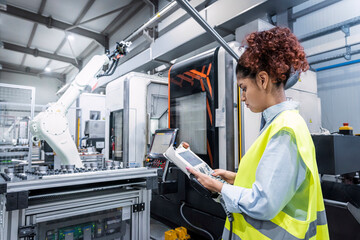 Young engineer operating robotic arm with equipment in industry