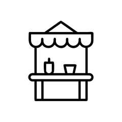 Minimalist black outline vector icon of a festival food stall, symbolizing street food, celebrations, and cultural events. Isolated on a transparent background