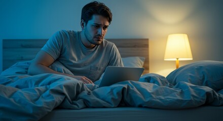 Caucasian man using laptop in bed late at night. Male student or professional working remotely. Concept of insomnia or online activity.