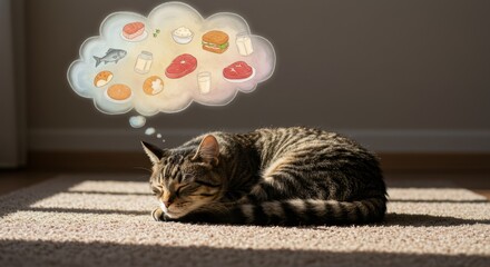 A domestic cat sleeps on a carpet, dreaming of various food items in a thought bubble. Pet's concept of hunger for natural nutrition.