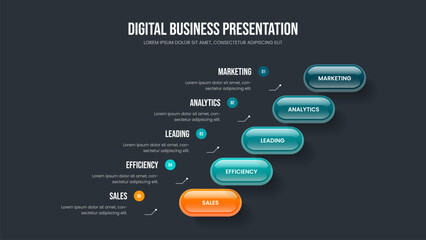 Naklejka premium Company Growth 5 Element Infographic Presentation Layout. Advertising Plan Frame Design Vector Illustration. Sales Development Five Step Diagram Slide Template.