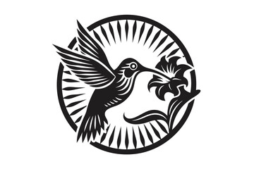 Design Black Silhouette of Hummingbird with Flower on White Background