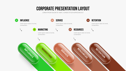 Market Analysis Five Element Infographic Slideshow Template. Corporate Forecast 5 Option Diagram Presentation Design. Modern Overview Slide Layout Vector Illustration.