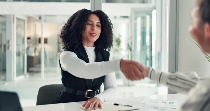 Business, woman and meeting with handshake in office for welcome, greeting and hiring employee. People, shaking hands and thank you for job opportunity, agreement and partnership for onboarding offer