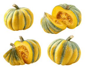 Four views of a small, round, striped pumpkin.  Each view shows a whole pumpkin and a sliced half, highlighting the vibrant yellow flesh and distinctive green stripes