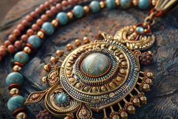 High Quality Picture of a Necklace with Gold and Stone on it and a Beaded Necklace