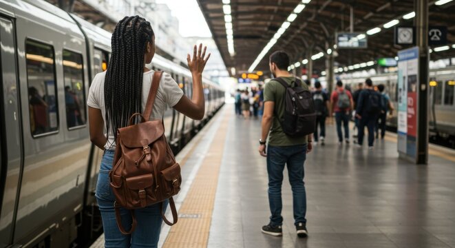 Black african american woman with box braid hairstyle waving goodbye to a train at a subway station. Public transport concept.