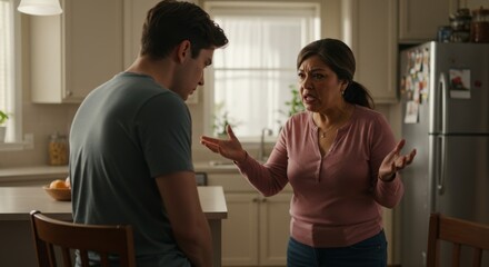 Woman having an argument with a man in the kitchen. Family conflict and dispute for relationships. Misunderstanding and problem analysis concept.