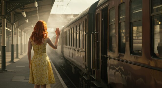 Woman with red hair standing on a train station platform, waving goodbye to a departing train, representing travel and farewell.