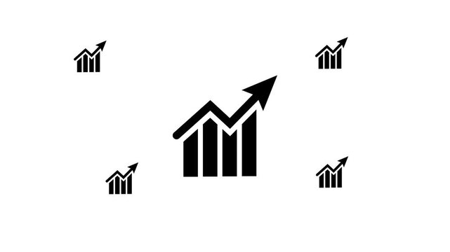 Zoom in and out animation the chart up symbol. Large black symbol in the center and four small symbols around. Seamless looped 4k animation on white background