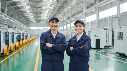 Confident Engineers: A skilled and optimistic man and woman stand shoulder-to-shoulder in a high-tech industrial plant, showcasing collaborative work environment.