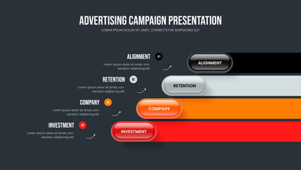 Modern Campaign Four Option Infographic Slide Layout. Consulting Innovation Frame Design Vector Illustration. Enterprise Review 4 Step Diagram Presentation Template.