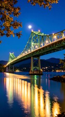 Obraz premium Nighttime bridge over calm water with full moon