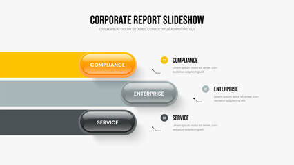 Market Forecast Three Element Diagram Slideshow Design. Enterprise Visualization 3 Step Infographic Slide Template. Investor Report Presentation Layout Vector Illustration.