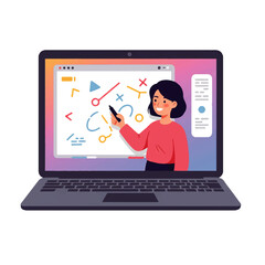 Woman teaching online with digital whiteboard on laptop.