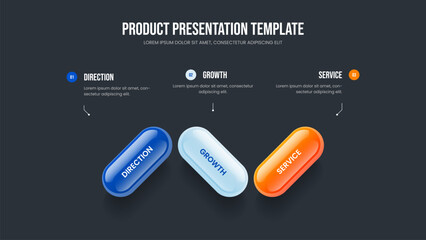 Business Visualization Three Element Infographic Slideshow Template. Market Profile Slide Layout Vector Illustration. Consulting Innovation 3 Step Diagram Frame Design.