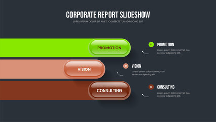 Professional Analysis 3 Step Diagram Slide Design. Investor Showcase Frame Template Vector Illustration. Advertising Forecast Three Option Infographic Presentation Layout.