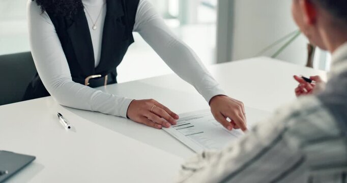 Business person, hands or interview with contract for signature, agreement or application in office. Employer, form and candidate signing with paper or legal document for hiring or recruting process