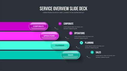 Fototapeta premium Financial Forecast Slide Template Vector Illustration. Market Performance 4 Step Infographic Frame Layout. Business Briefing Four Option Diagram Presentation Design.