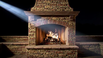 Cozy fireplace with burning fire logs, brick architecture and dark background, creating warm interior at night.