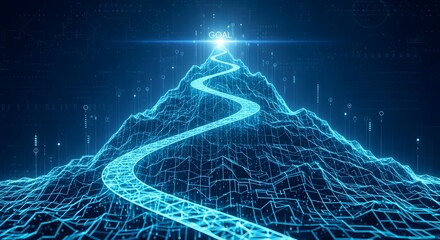 Digital Pathway Leading to Goal on Futuristic Mountain, AI Career Growth and Future Success Technology Concept