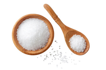 Wooden bowl and spoon filled with coarse salt