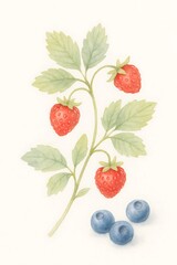 Fresh strawberries and blueberries illustrated with delicate leaves and soft colors in a natural style