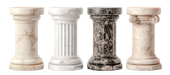 Set of marble columns in different classical styles, isolated on transparent cutout background