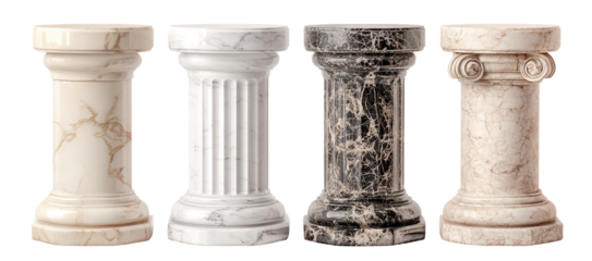 Set of marble columns in different classical styles, isolated on transparent cutout background