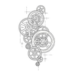 Industrial schematic tattoo of interlocking gears and cogs.